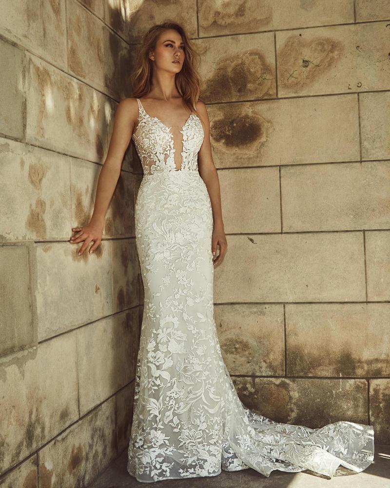 La8240 vintage lace wedding dress with detachable train and sheath silhouette4